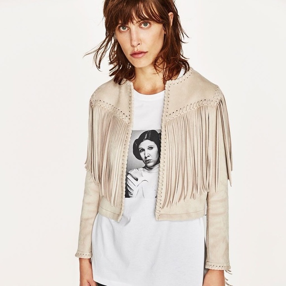 Zara Faux Suede Jacket With Fringe Xs 